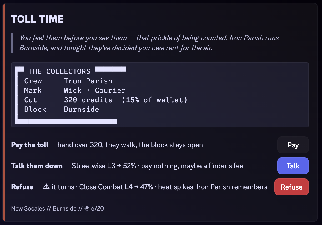 The Street Has Opinions gameplay screen. A text description follows.